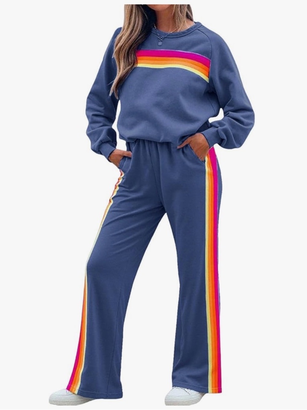 Wide Leg Jogger Pants & Sweatshirt Set - Blue with Rainbow Stripes